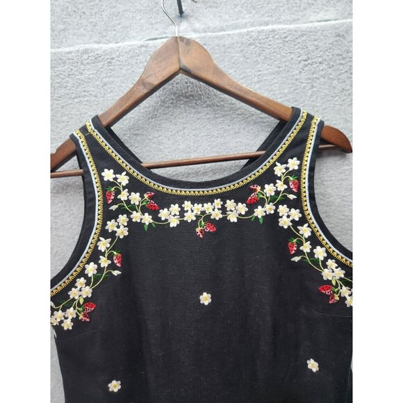 Vtg Black Sleeveless Ultra Dress W/Floral & Strawberry Embroidery Button Accents - Picture 2 of 6
